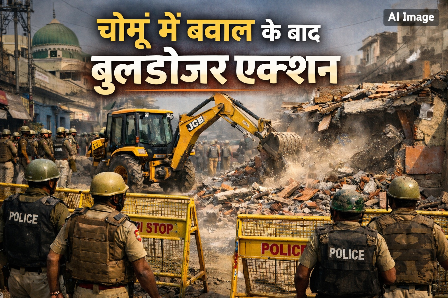 चौमूं हिंसा के बाद बड़ा एक्शन: 24 आरोपियों के घरों पर चला बुलडोजर, भारी पुलिस बल तैनात